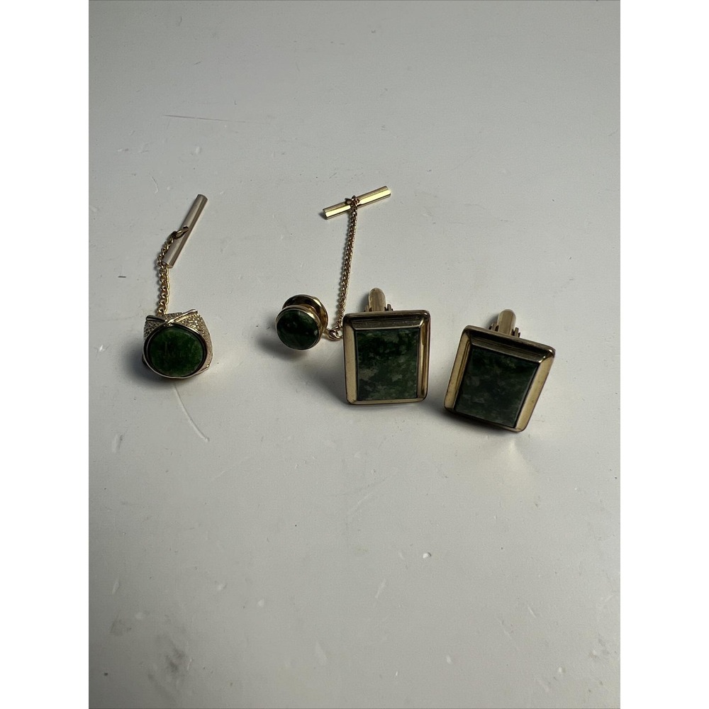 Vintage Htf 1/20 14k GF Gold Cufflinks Tie Set Green Geometric Gems See Pics